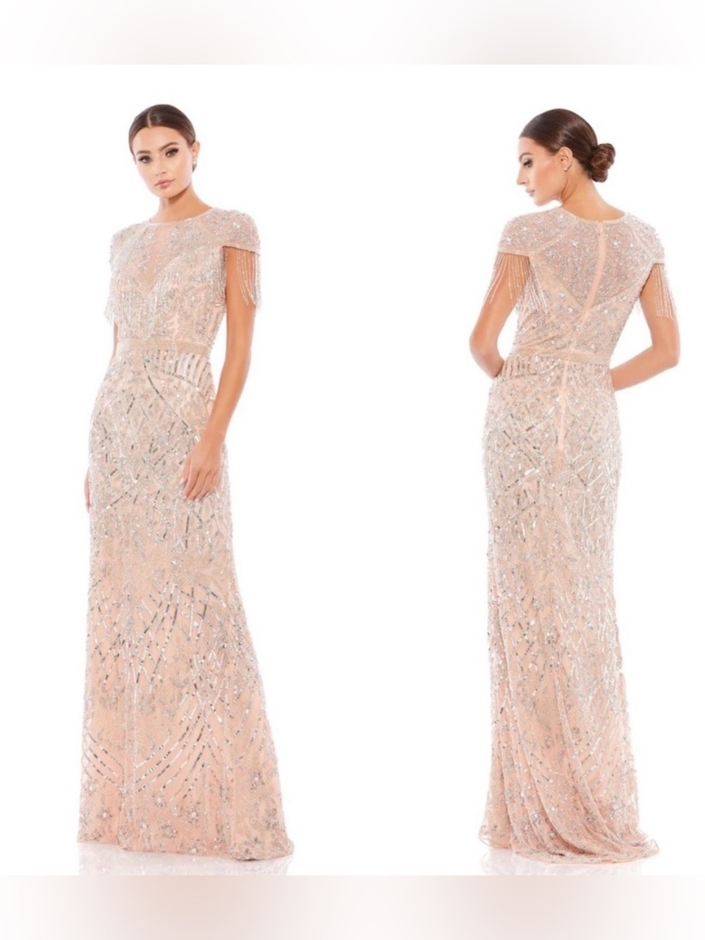 Mac Diggal Embellished Platinum Flapper Maxi Gown Dress jeweled ✨NWT Sz 4